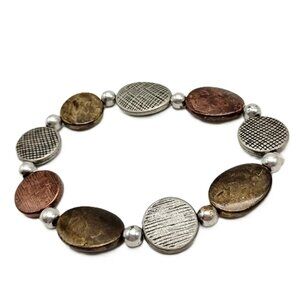 Handmade Mixed Disc Elastic Stretch Bracelet Copper Brass and Silver-Tones